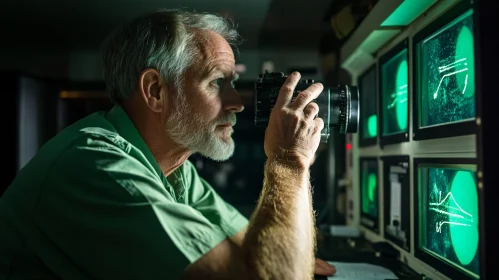 Man Observing Monitors with Camera