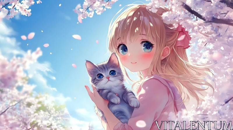 AI ART Anime Girl with Kitten and Cherry Blossoms