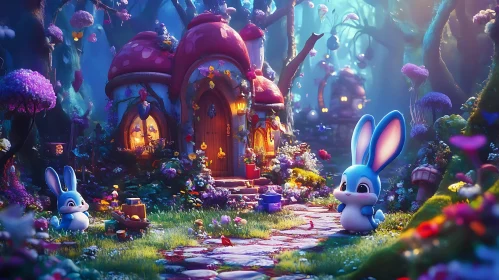 Cartoon Bunnies Fairytale Forest Scene