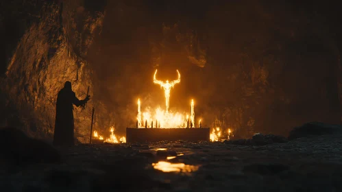 Mysterious Figure in Candlelit Cave