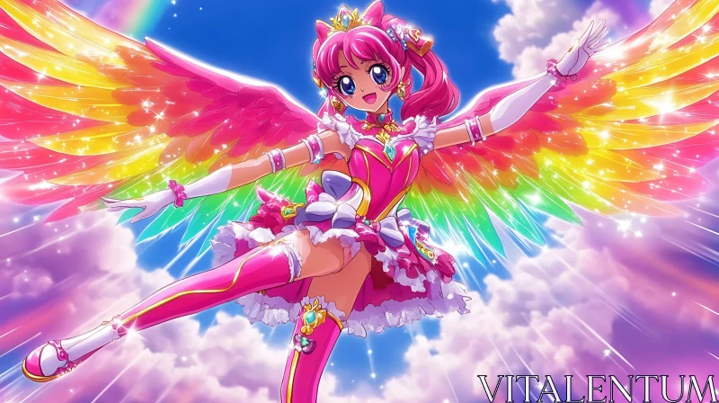 Whimsical Anime Fairy with Rainbow Wings AI Image