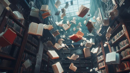 Whimsical Library with Flying Books
