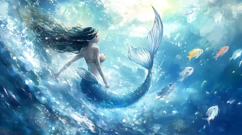 Mystical Mermaid Swimming in Ocean Art