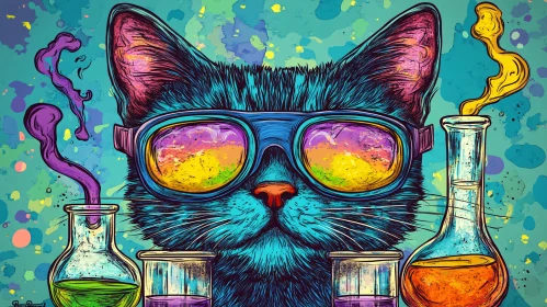 Colorful Cat with Beakers Illustration