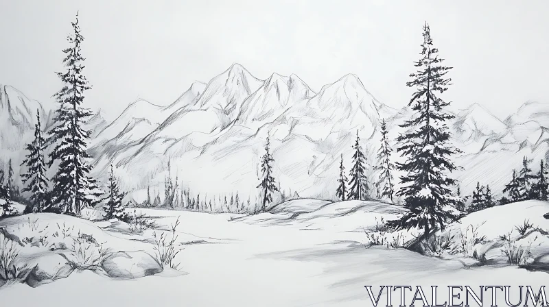 Monochrome Mountain Winter Scene Art AI Image