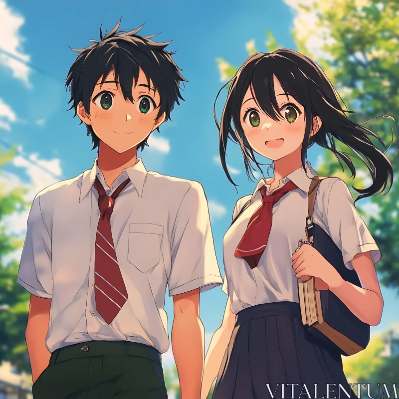 Anime School Duo in Sunny Outdoor Setting AI Image