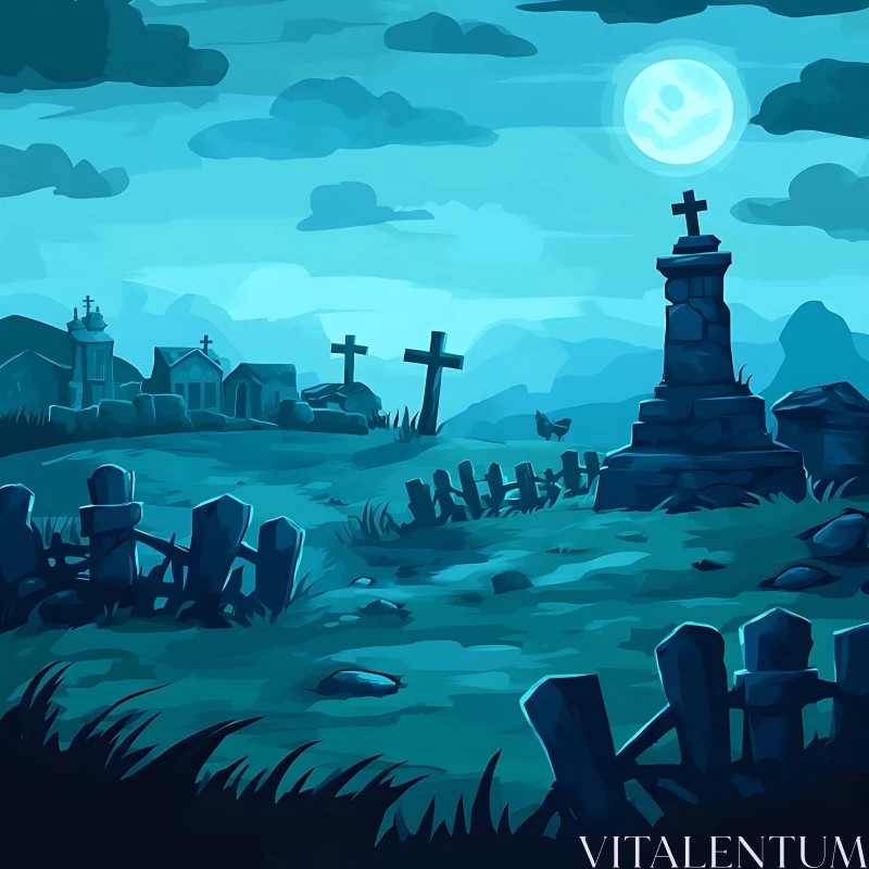 Moonlit Cemetery Scene AI Image