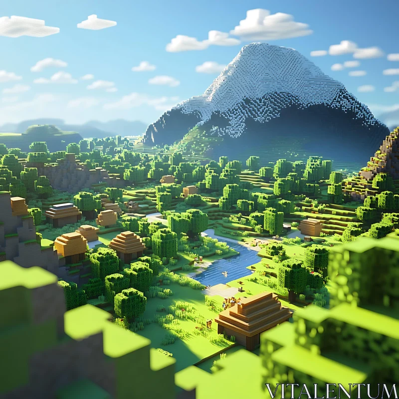 Blocky Forest with Mountain and Village AI Image