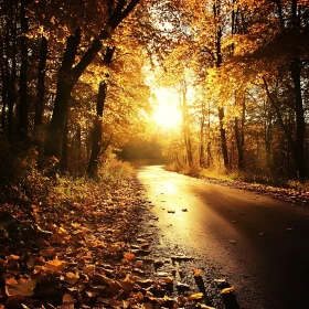 Autumn Forest Road with Sunlight