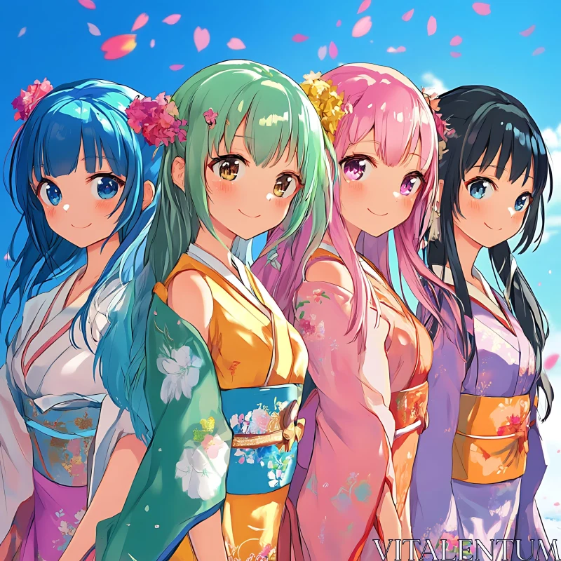 Vibrant Anime Girls with Floral Kimonos AI Image