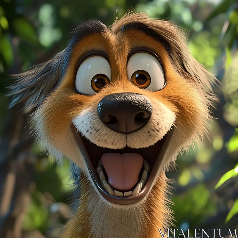 Cheerful Cartoon Dog with Big Smile in Green Forest AI Image