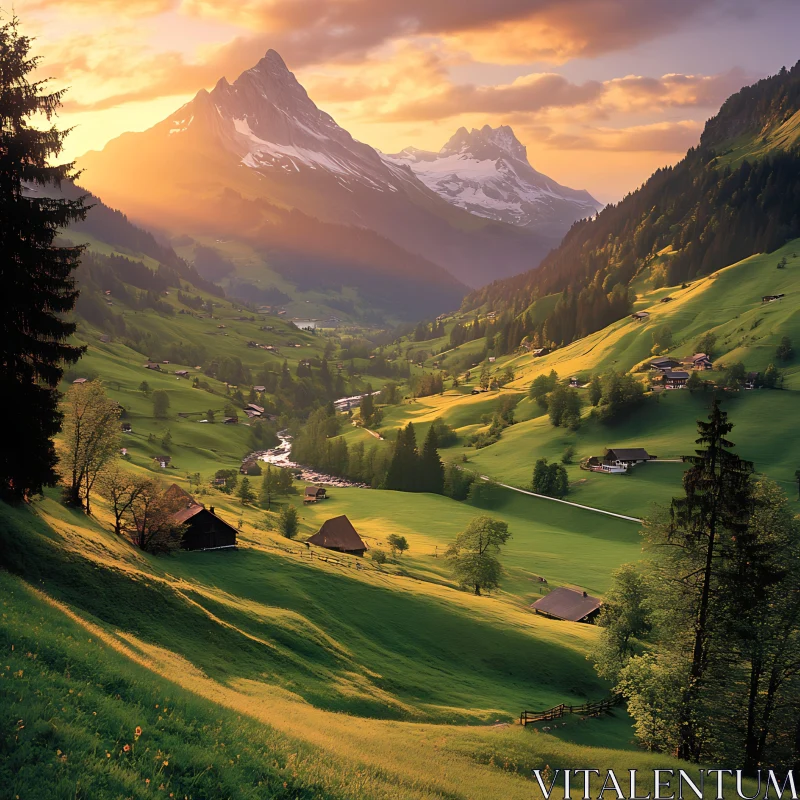 Golden Hour in the Alpine Valley AI Image