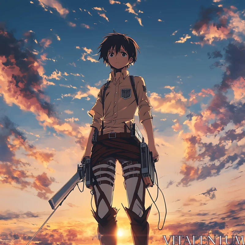 Resolute Anime Figure Against Sunset Sky AI Image