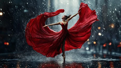 Graceful Dance in Red Dress Under Rain