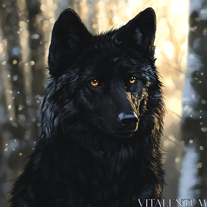 Mystic Black Wolf in Woodland Scene AI Image