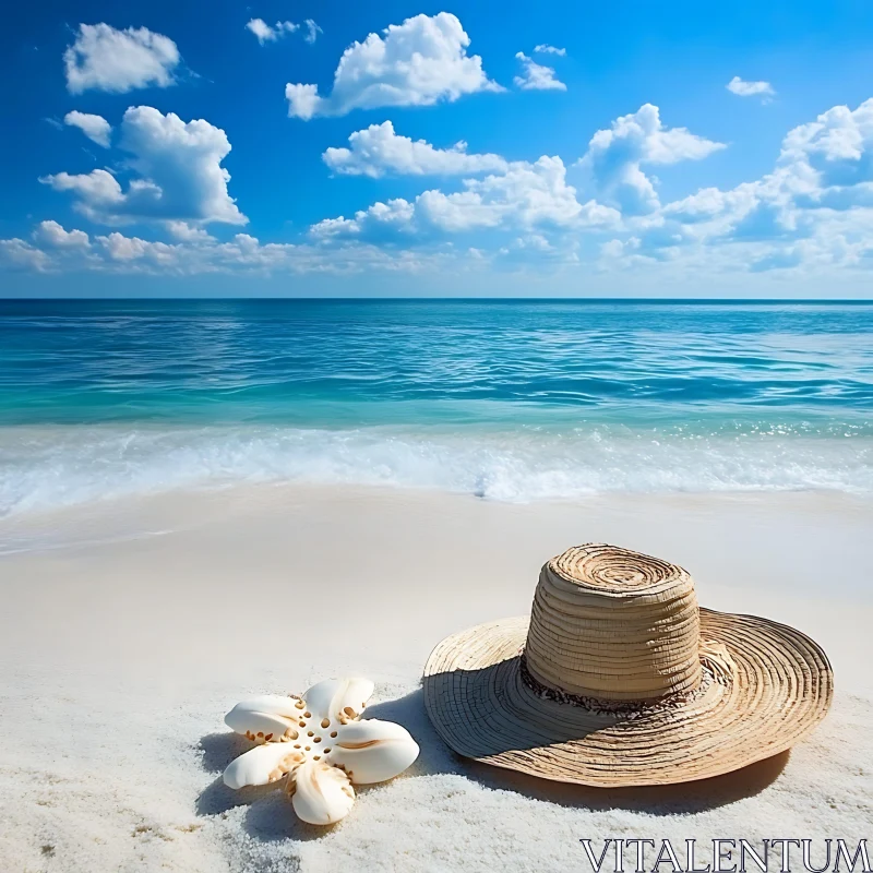 Seaside Still Life with Hat and Shell AI Image