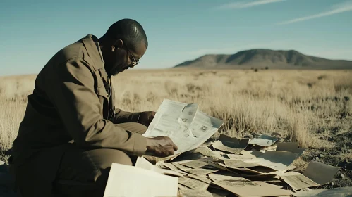 Man Reads Documents in Field