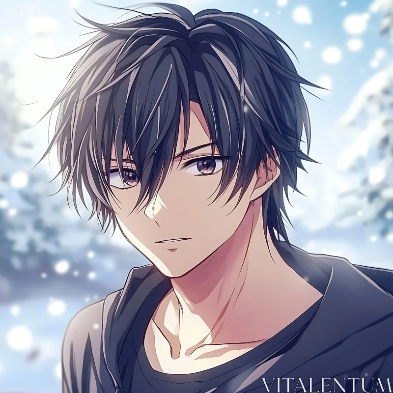 Snowy Winter Scene with Anime Character AI Image