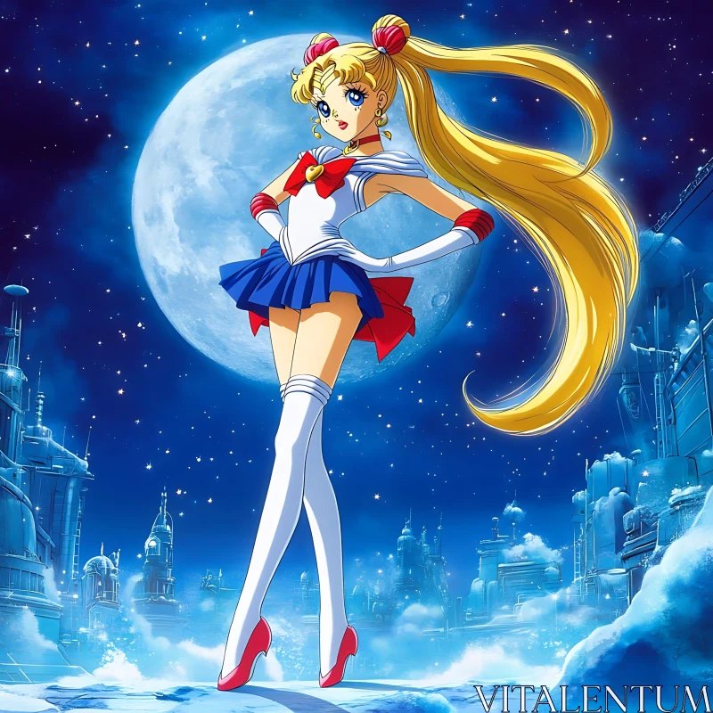 Sailor-Style Anime Character with Enormous Moon AI Image