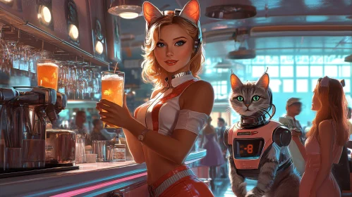 Retro-Futuristic Bar with Drinks and Robot Cat