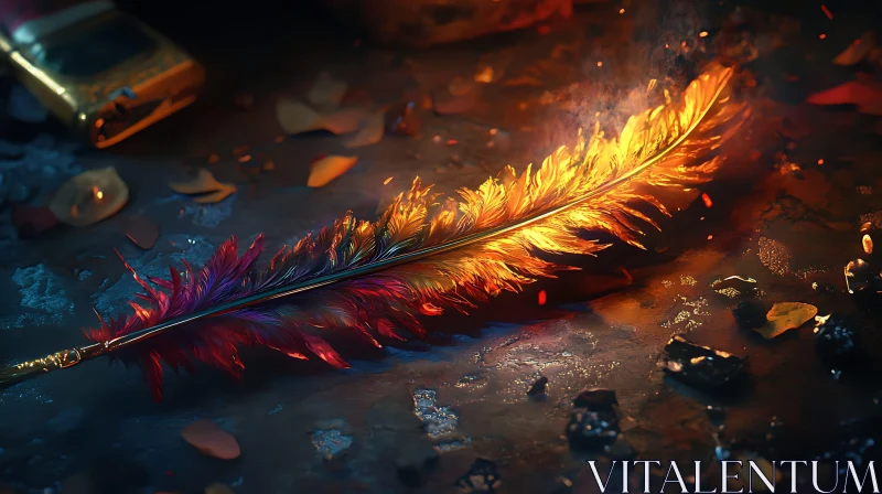 AI ART Glowing Feather on Dark Surface
