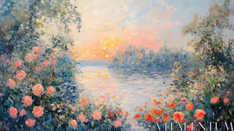 AI ART Floral Lakeside Sunset Painting