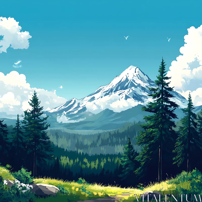 AI ART Snowy Mountain Peak with Green Forest