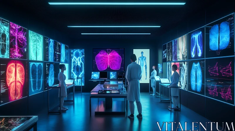 Neon Lit Science Lab with Medical Scans AI Image
