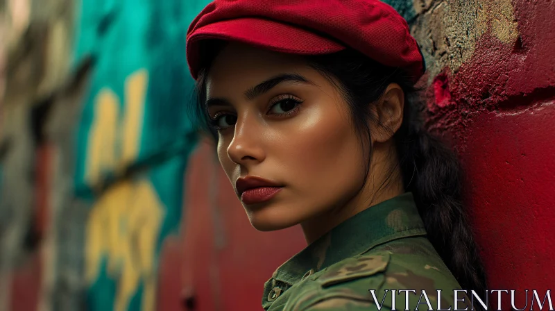 Woman in Red Hat with Urban Graffiti Background AI Image