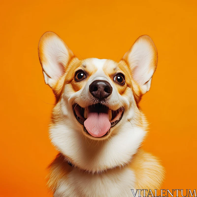 Cheerful Corgi Dog with Tongue Out on Solid Orange AI Image