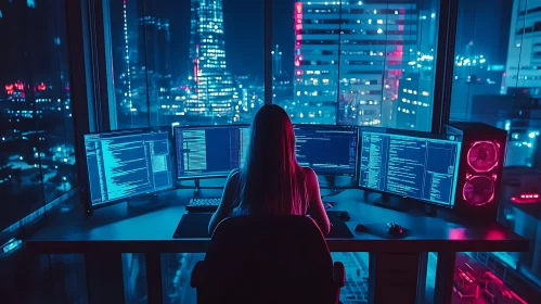 Woman Coding in Neon Cityscape