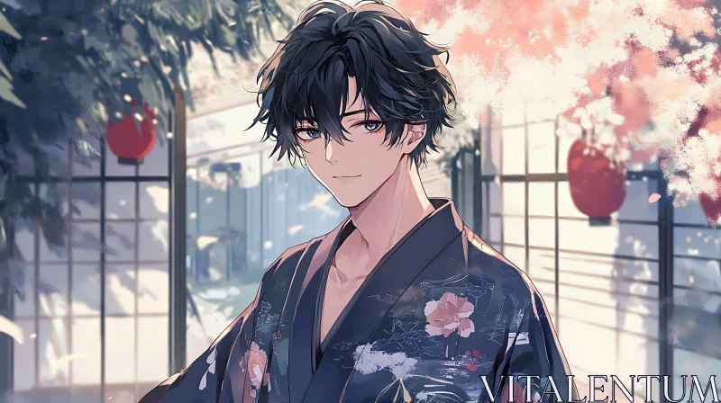 Anime Portrait of a Character in a Floral Kimono AI Image