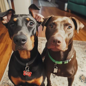 Two Curious Dogs Sitting Indoors