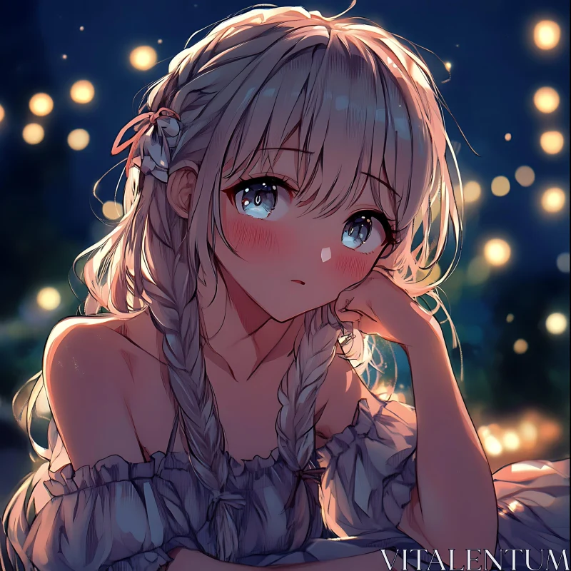 Contemplative Anime Girl at Night AI Image