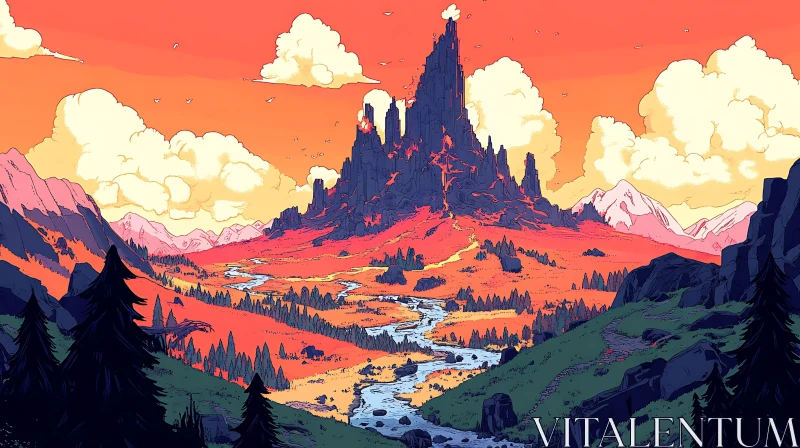 AI ART Scenic Mountain Valley Illustration