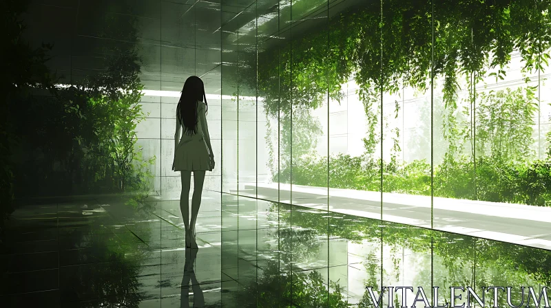 AI ART Woman in Modern Reflective Hallway with Lush Plants