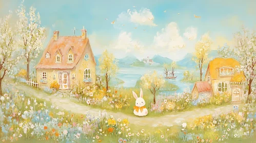 Charming Cottages and Bunny in Floral Landscape