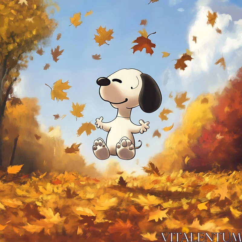 Happy Cartoon Dog in Fall Leaves AI Image