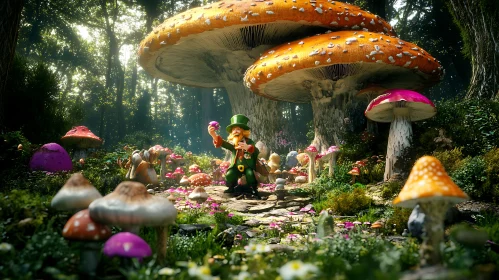 Whimsical Mushroom Forest with Leprechaun