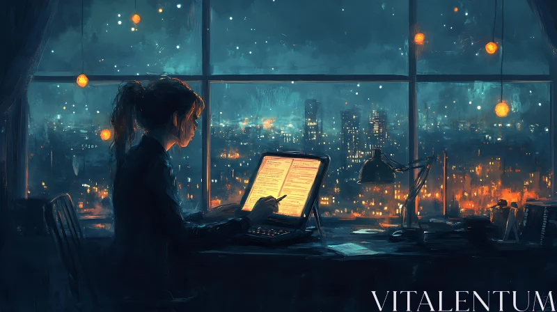 Woman Working Late with City Lights AI Image