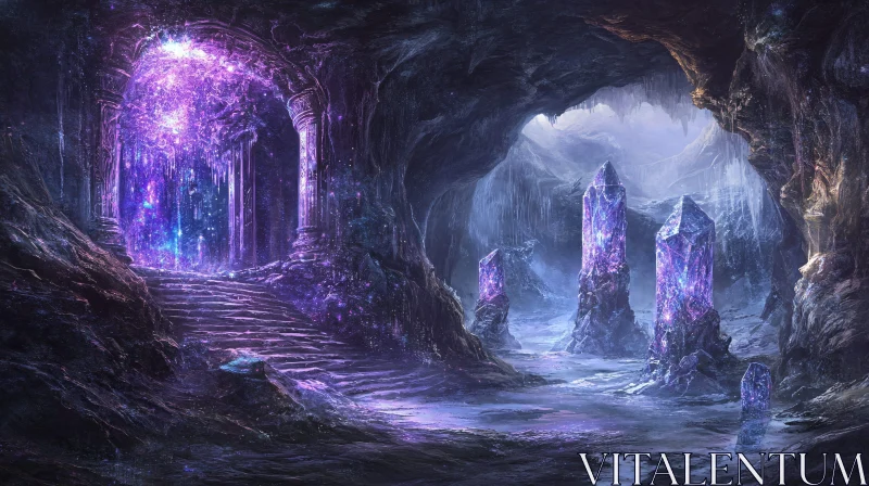 AI ART Glowing Purple Crystals and a Mystical Portal in a Cave