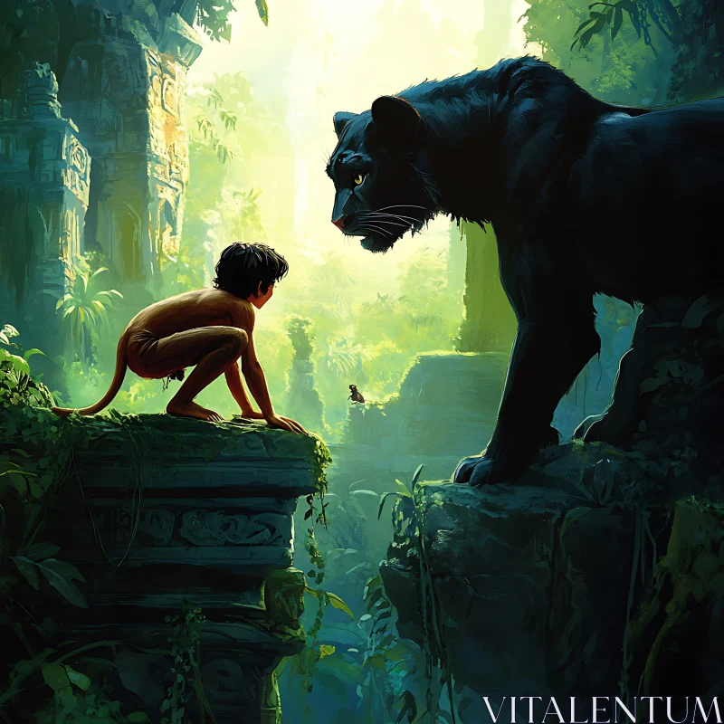 Boy and Panther in the Jungle AI Image