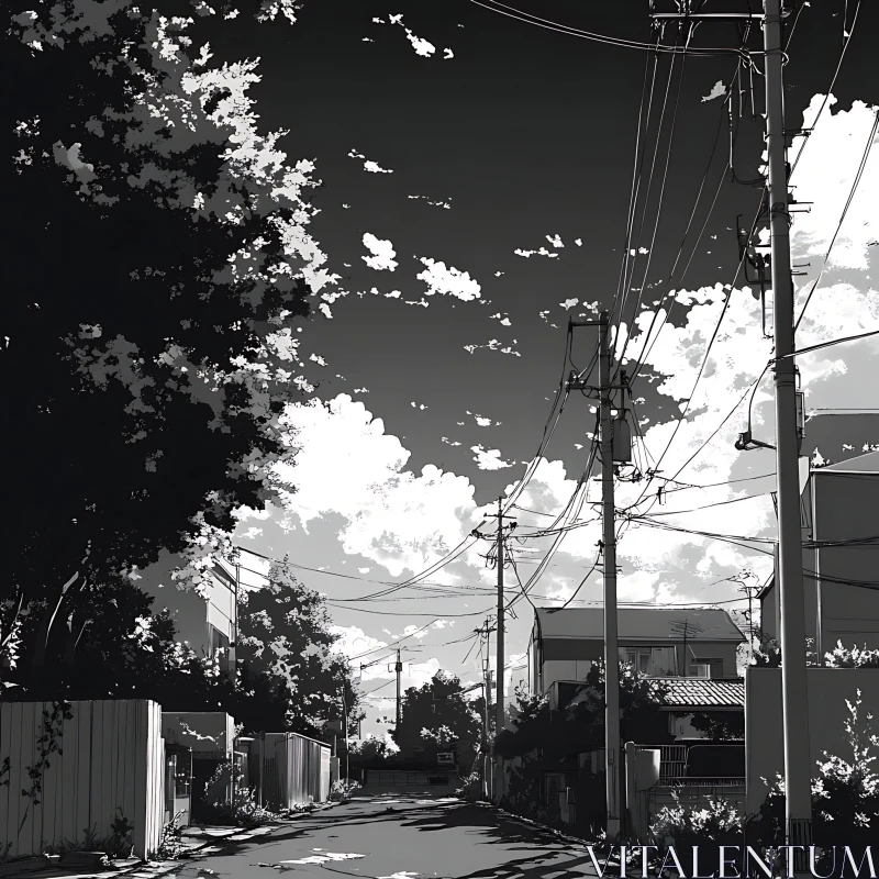 Black and White Urban Street with Power Lines AI Image