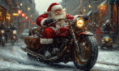 Festive Santa on Motorcycle During Winter Holiday