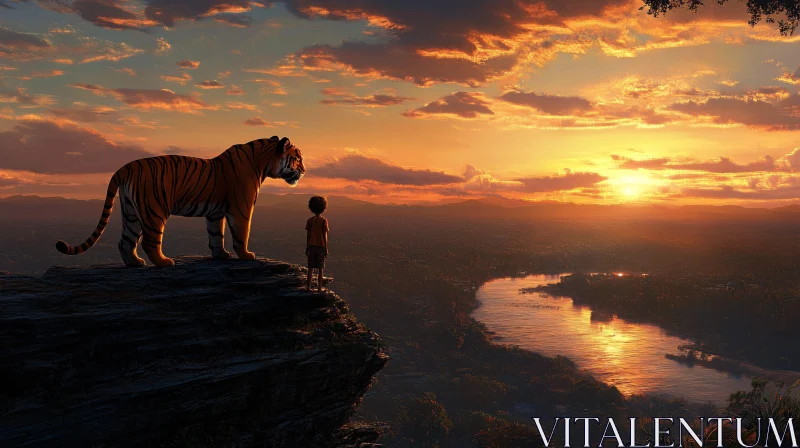 Sunset View with Tiger and Child AI Image