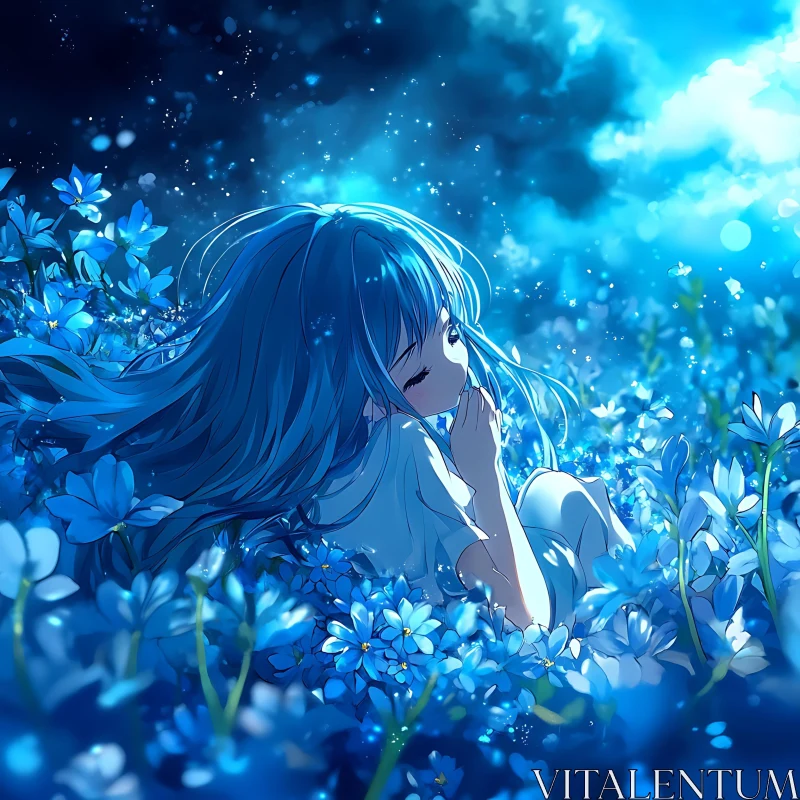 Peaceful Anime Girl Amidst Blue Flowers AI Image