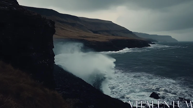 Coastal Scene with Crashing Waves AI Image