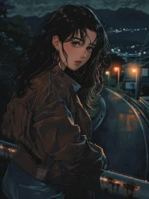 Anime Girl Under Streetlights on a Rainy Night