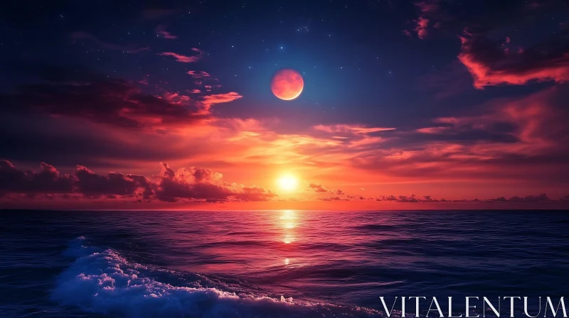 Crimson Horizon: Ocean Sunset with Lunar Glow AI Image