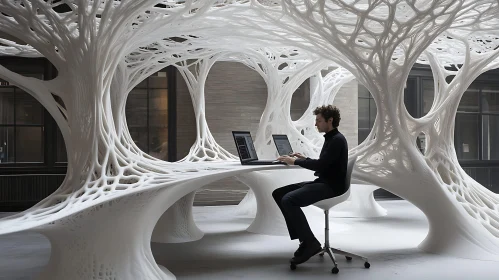 Man Working in Futuristic Office Space